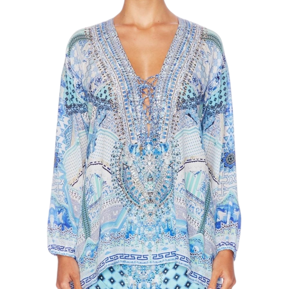 CAMILLA Day Dreamer Silk Embellished Lace Up Tunic Top Shirt Blouse Designer S - Picture 3 of 14
